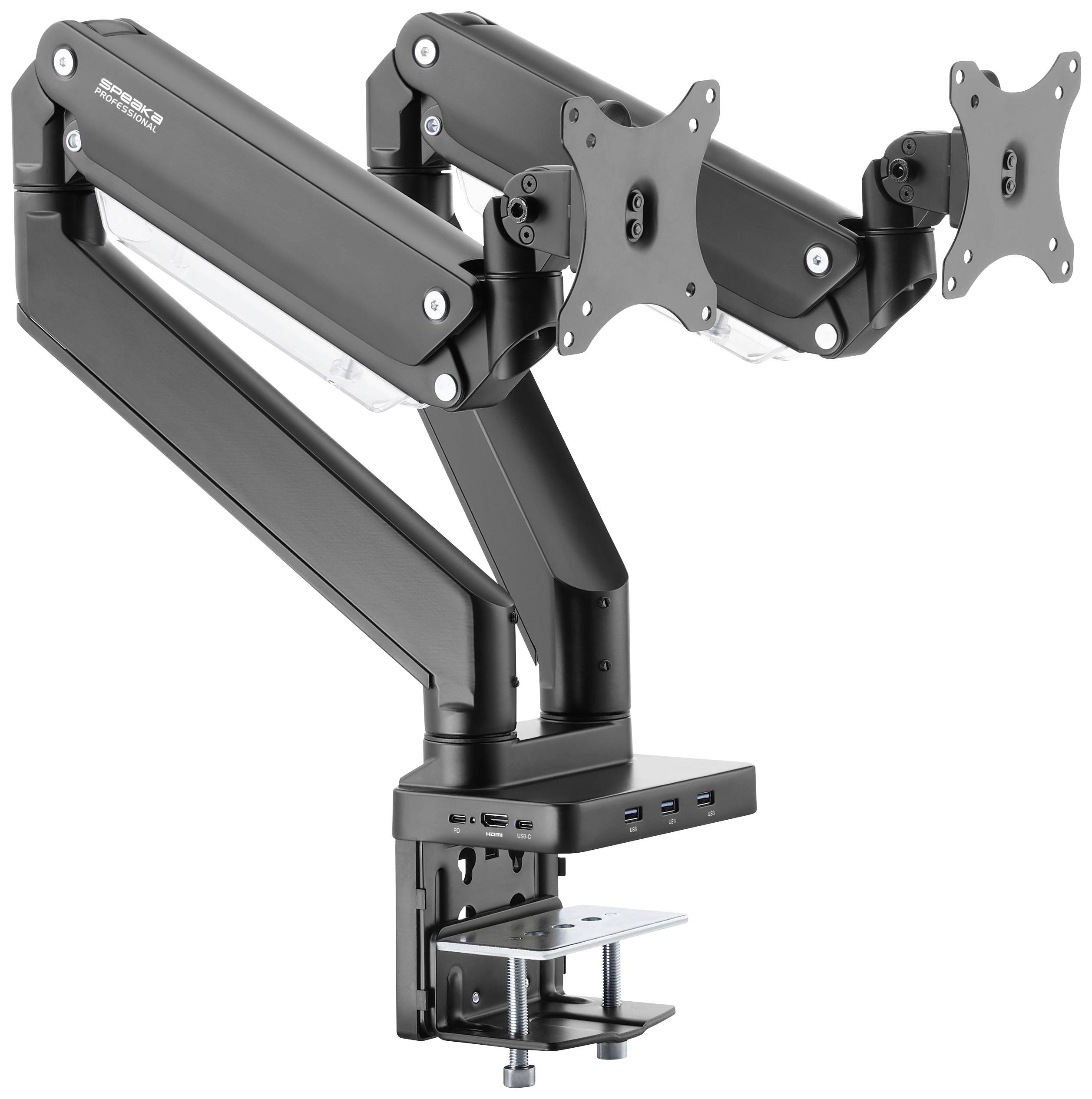 Metal dual-arm monitor mount with two adjustable arms, suitable for desk mounting. Integrated USB ports in the base.