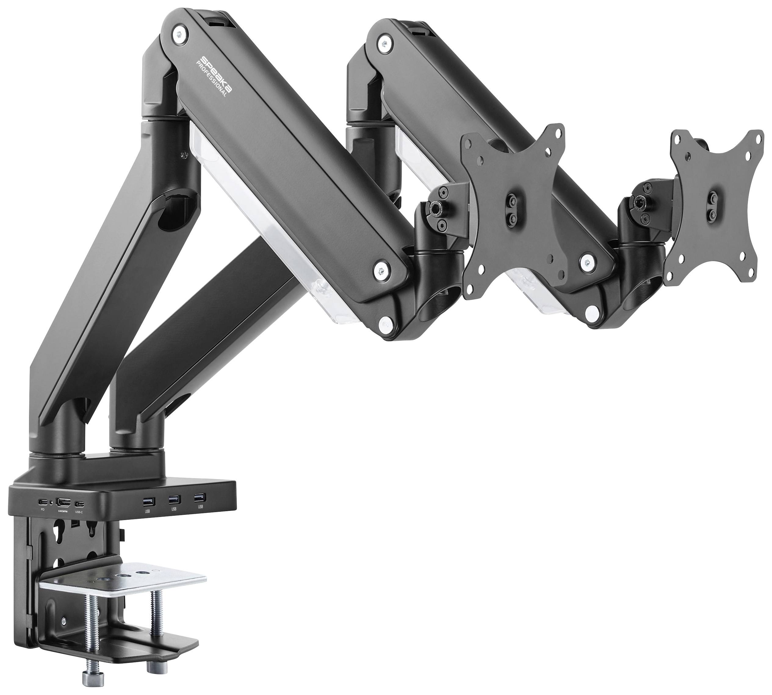 Black, adjustable dual-arm monitor mount designed for clamping to a desk edge, suitable for two screens.