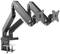 Black, adjustable dual-arm monitor mount designed for clamping to a desk edge, suitable for two screens.