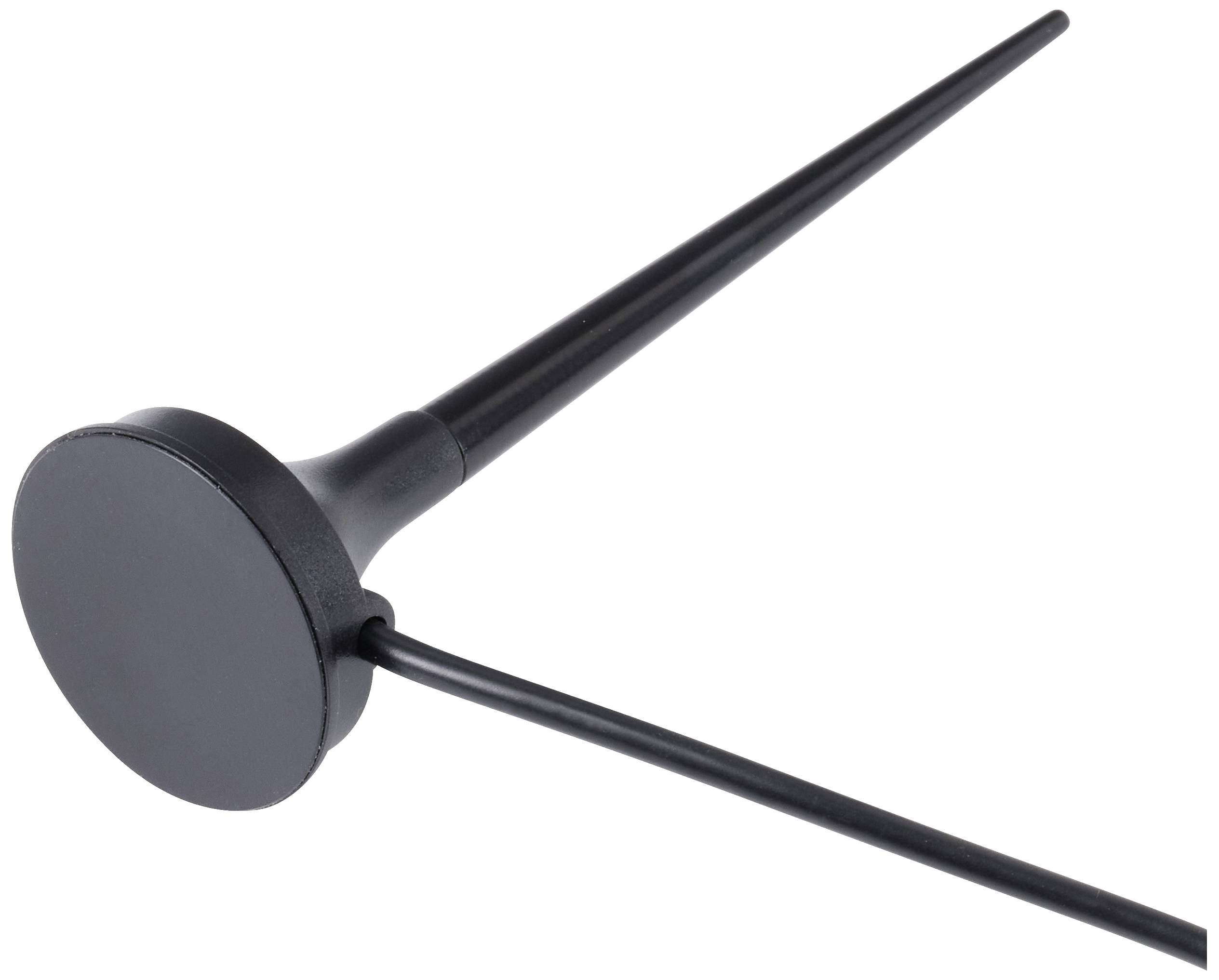 A small, round black antenna with a long rod and cable. Suitable for signal amplification and wireless communication.