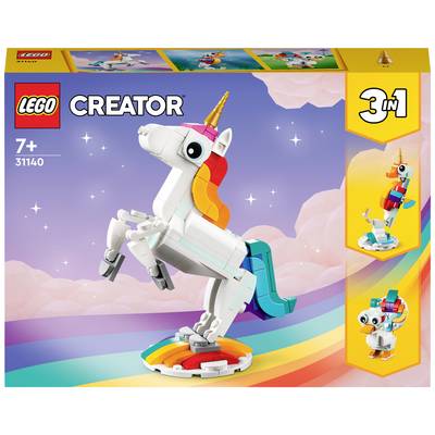 'Lego Creator 3-in-1 Set 31140 with buildable Unicorn, Parrot and Dog, recommended for ages 7 and up. Main image shows a Unicorn on a Rainbow base.'