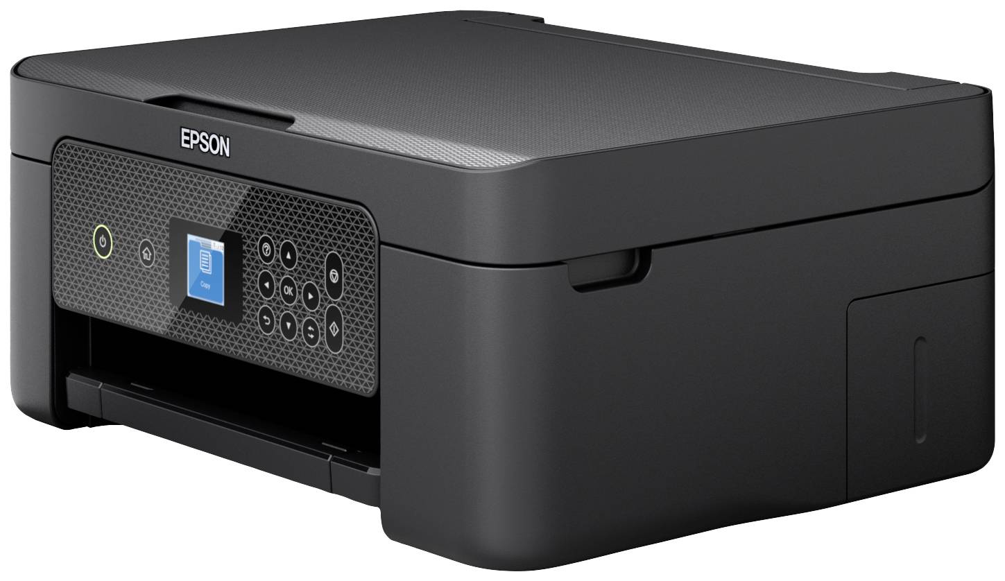 A black printer with a control panel display and buttons.