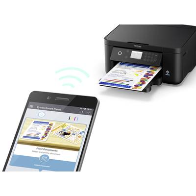 A smartphone wirelessly controls a printer that outputs colour-printed documents. The 'Epson Smart Panel' app is displayed on the mobile phone.