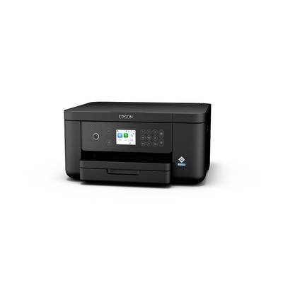A black printer with a control panel and small display showing options sits on a white surface.