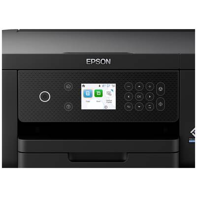 Black printer with control panel. Display shows options: 'Copy', 'Scan' and 'Wi-Fi Setup'. Control elements include navigation and settings buttons.