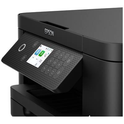A black printer with an angled control panel featuring a digital display and buttons.