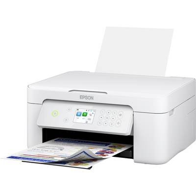 A modern, white printer is printing a coloured document with graphics and diagrams. The display shows printing options.