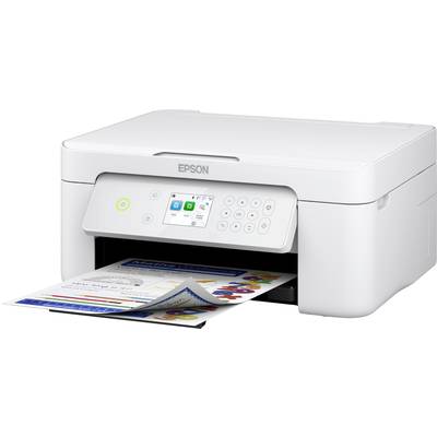 A white multifunction printer is printing a colour document. Buttons and a small display are visible on the control panel.