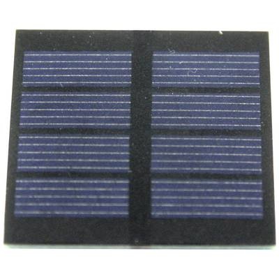 A close-up of a blue solar cell with eight rectangular segments arranged in parallel, featuring fine white lines.