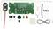 An electronics kit with a circuit board, resistors, LED lamps, transistors, button cell connector, and connecting cables for DIY projects.