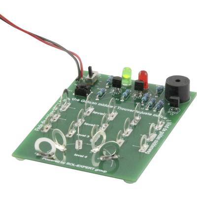 Electronic skill game on a green circuit board with LED lights, metal arches and electronic components.