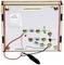 A circuit on a white board with various resistors, wires, and an LED light. Labelled 'into the freezer' and 'to the battery'.