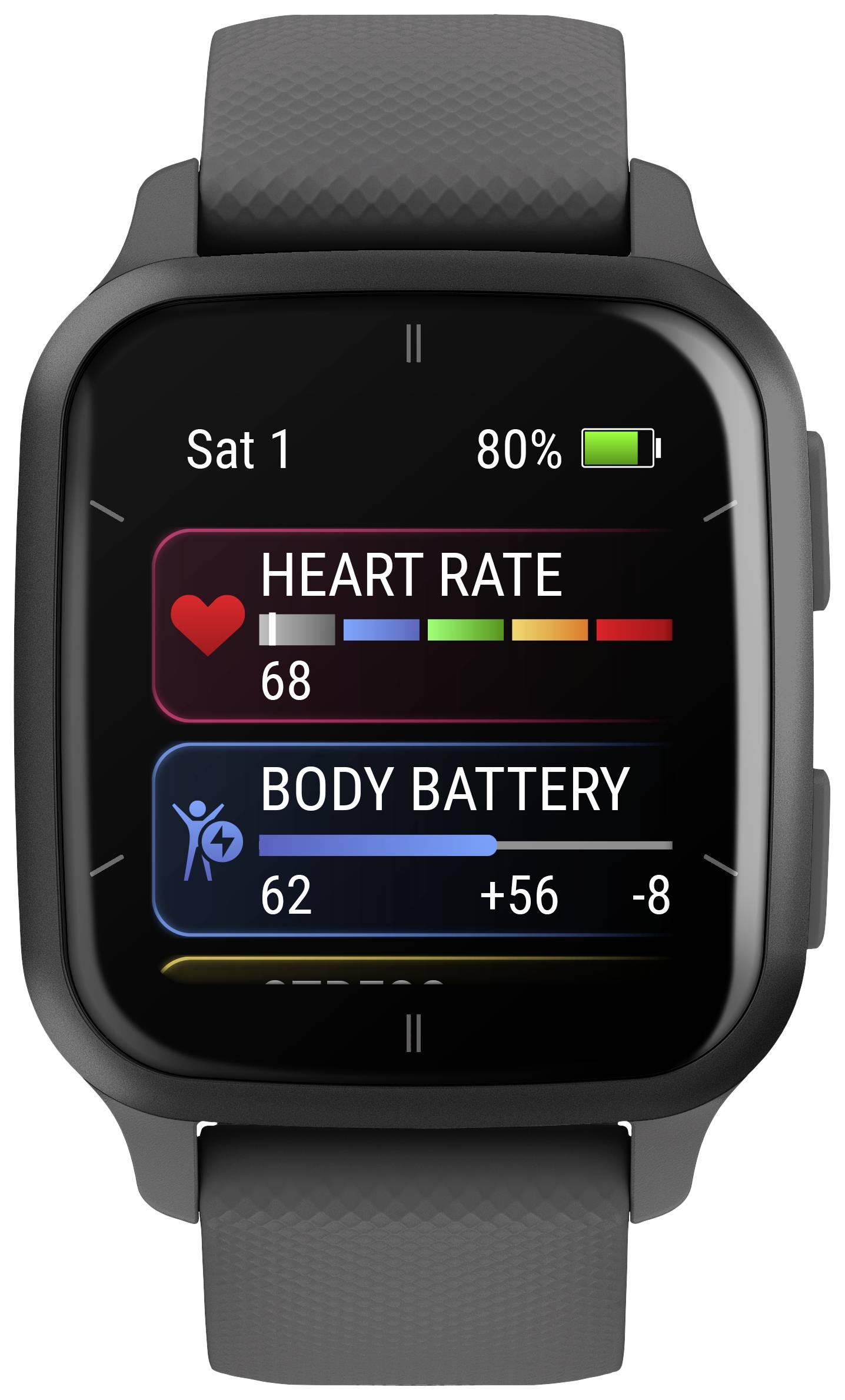 Smartwatch screen showing heart rate at 68 beats per minute and 'Body Battery' level at 62. Battery indicator at 80%.