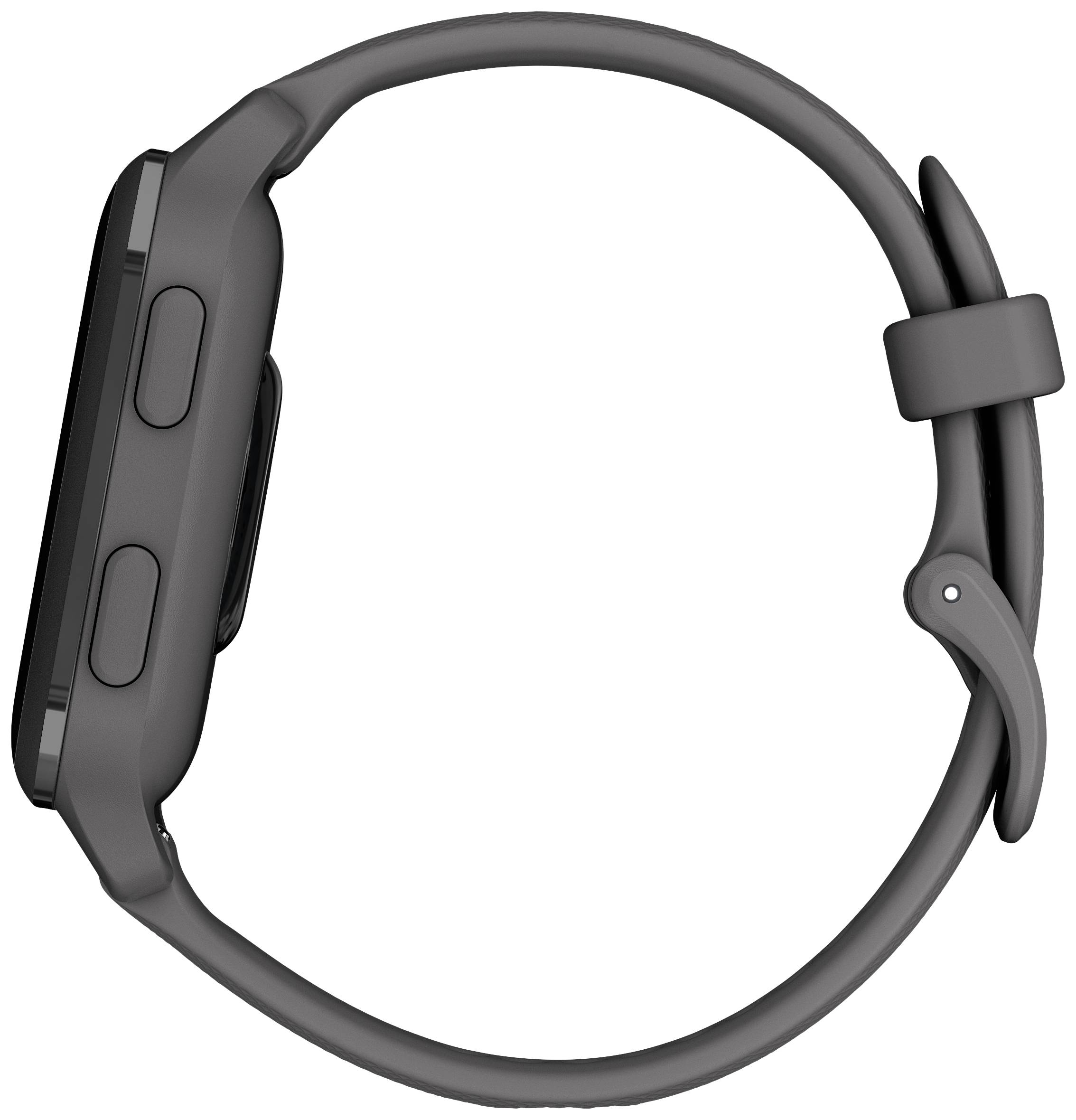 A black smartwatch from the side, focusing on the strap and buttons.