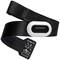 Black Garmin chest strap with sensor, suitable for heart rate monitoring during sport. Includes symbols for running, cycling, swimming.