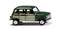 Green model car viewed from the side, with checked doors and a classic design. It is standing on a white surface.