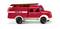 Toy fire engine with the side inscription 'Emergency 999'. It is red with white details and has a ladder on the roof.