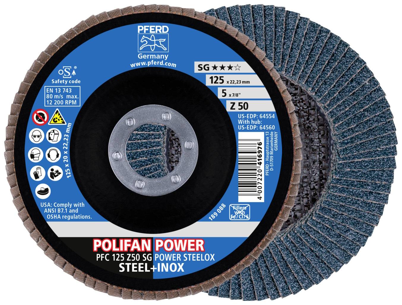 'POLIFAN POWER PFC 125 Z50 SG' Grinding Disc for Steel and Stainless Steel, 125 mm diameter, max. 12,200 rpm, blue-brown fluted.