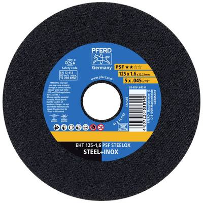 Cutting disc by PFERD Germany, model PSF STEELOX, 125 mm diameter, suitable for steel and stainless steel, with blue and black labelling.