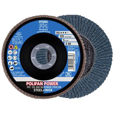 Grinding disc with label. Brand 'Pferd', Model 'Polifan Power'. Diameter: 125 mm, max. 12,200 rpm, suitable for steel and stainless steel.