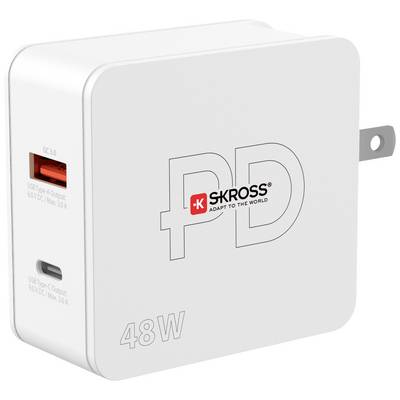 White USB charger with two ports, brand name 'SKROSS', 48-watt power output.
