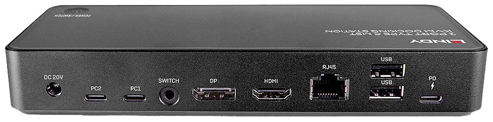 A black docking station with ports: DC 20V, two USB-C, switch, DP, HDMI, Ethernet (RJ45), two USB, audio (microphone/headphones).