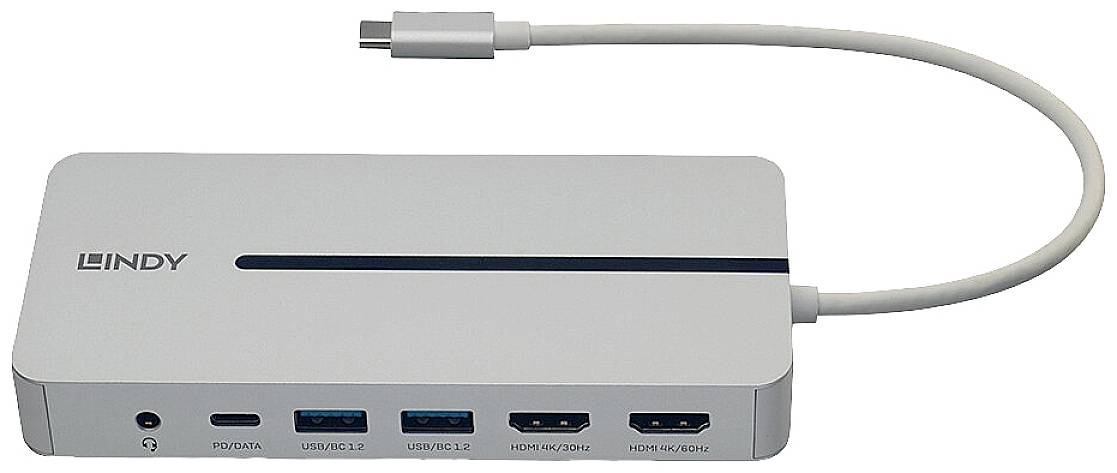 A grey USB-C docking station with various ports: USB-C, two USB-A, HDMI, and DisplayPort.