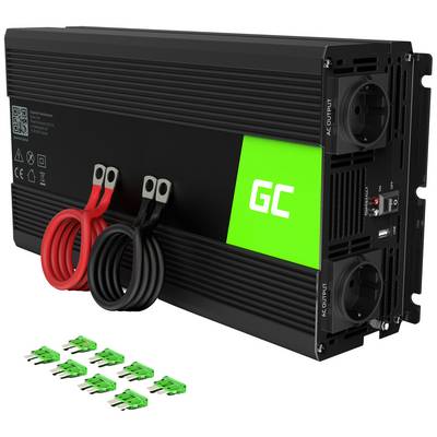 'Black voltage converter with two power sockets and switches. Contains red and black cables, green fuses beside it.'
