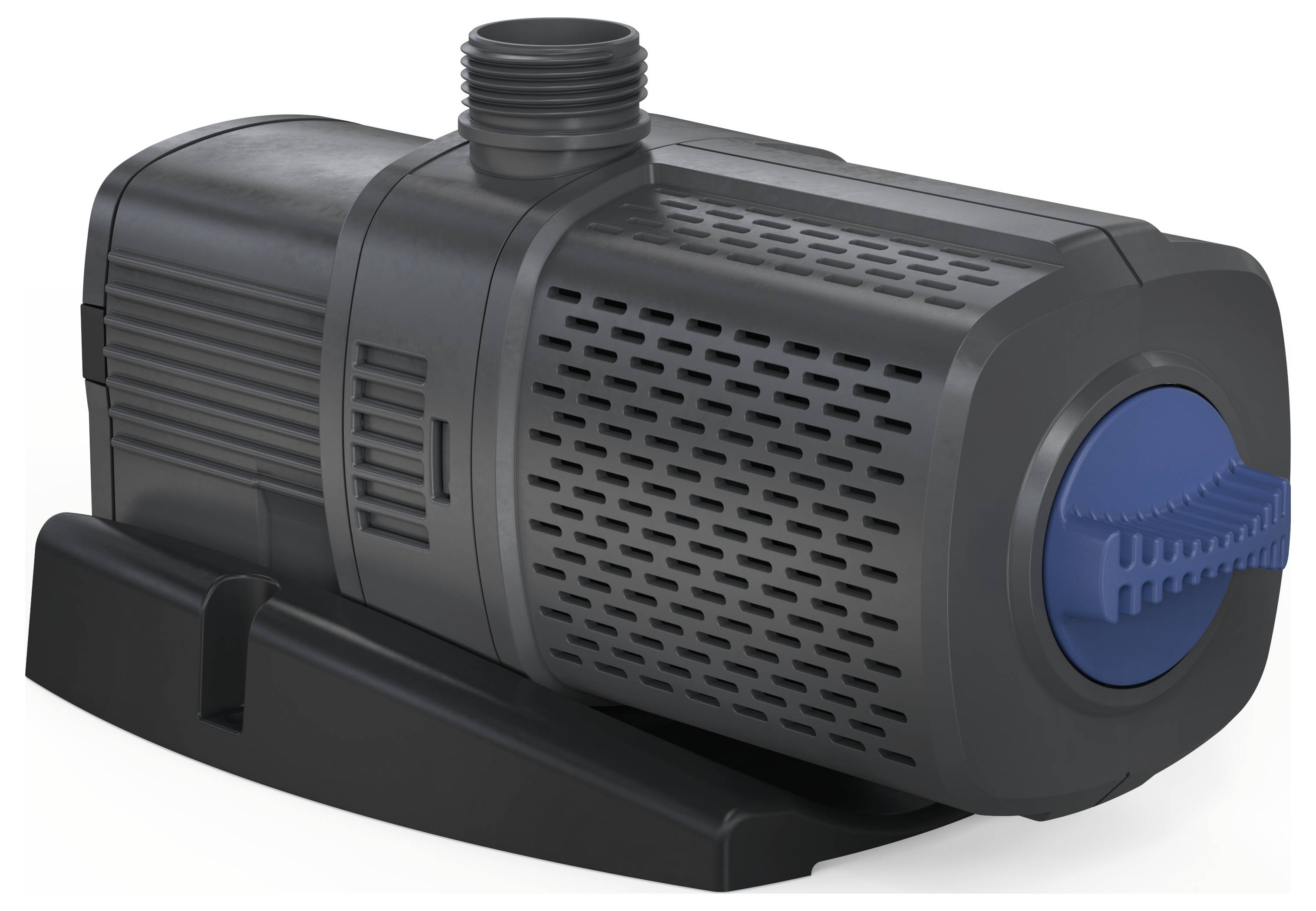 A black and gray water pump with a textured body and a blue dial on the front, designed for fluid transportation or circulation.