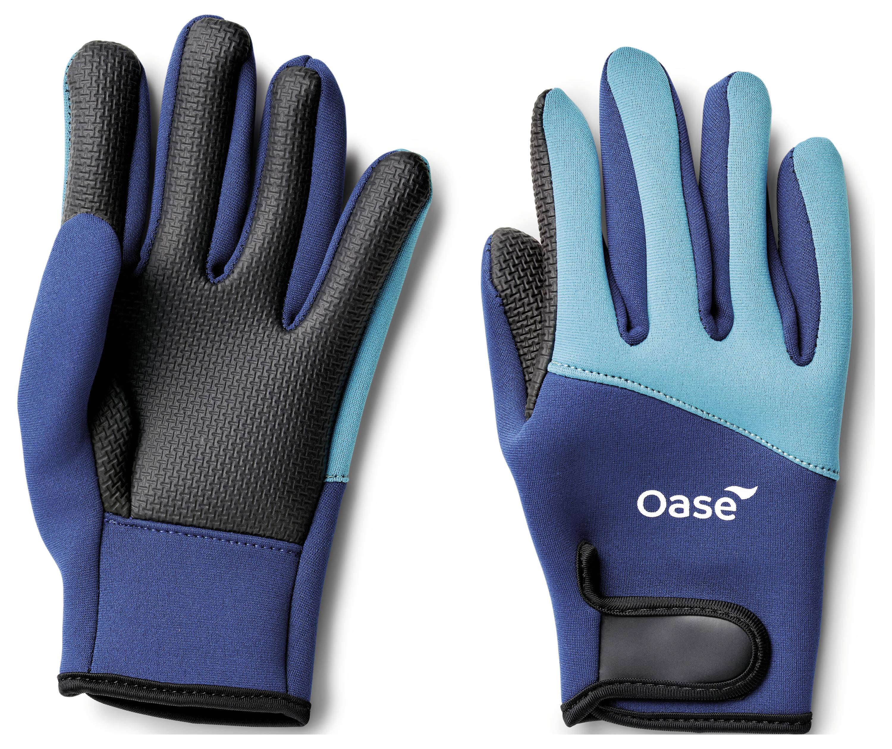 Two blue and black gloves displayed side by side. The right glove features the brand name 'Oase' on the back.