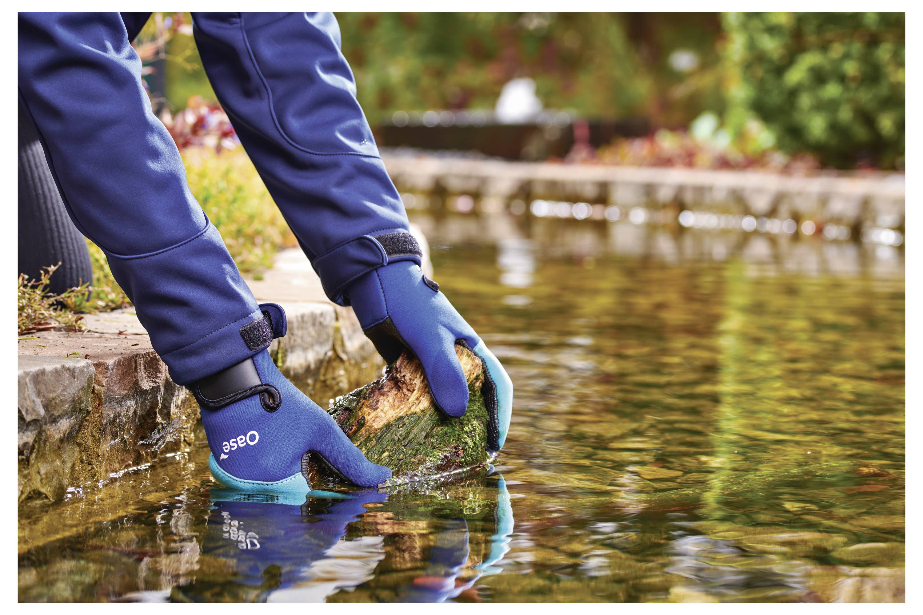 Person wearing blue gloves, cleaning a pond by removing algae-covered rock. Autumn leaves surround the water, reflecting the season.