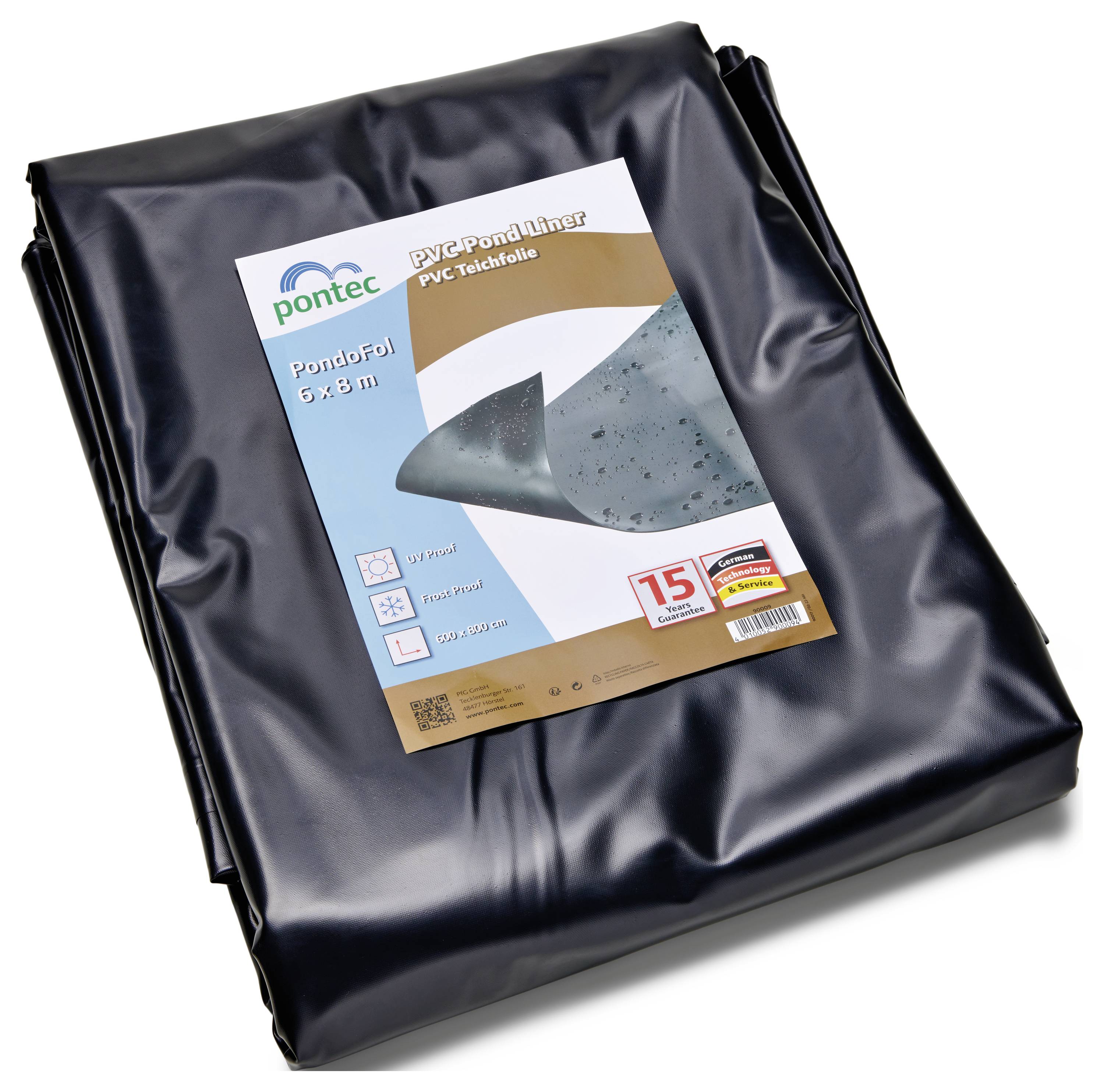 PVC pond liner with branding, labeled 'Pontec PondFoil 6 x 8m', featuring product image and specifications, 15-year warranty.