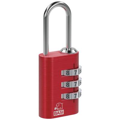 Red combination lock with three setting dials, all set to the number '8'. The shackle is silver.