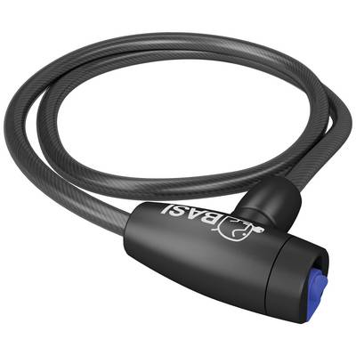 A black bicycle lock with a robust cable construction and a blue locking mechanism.