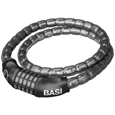 A black cable lock with a number combination and the inscription 'BASI'. It is coiled in a spiral shape.