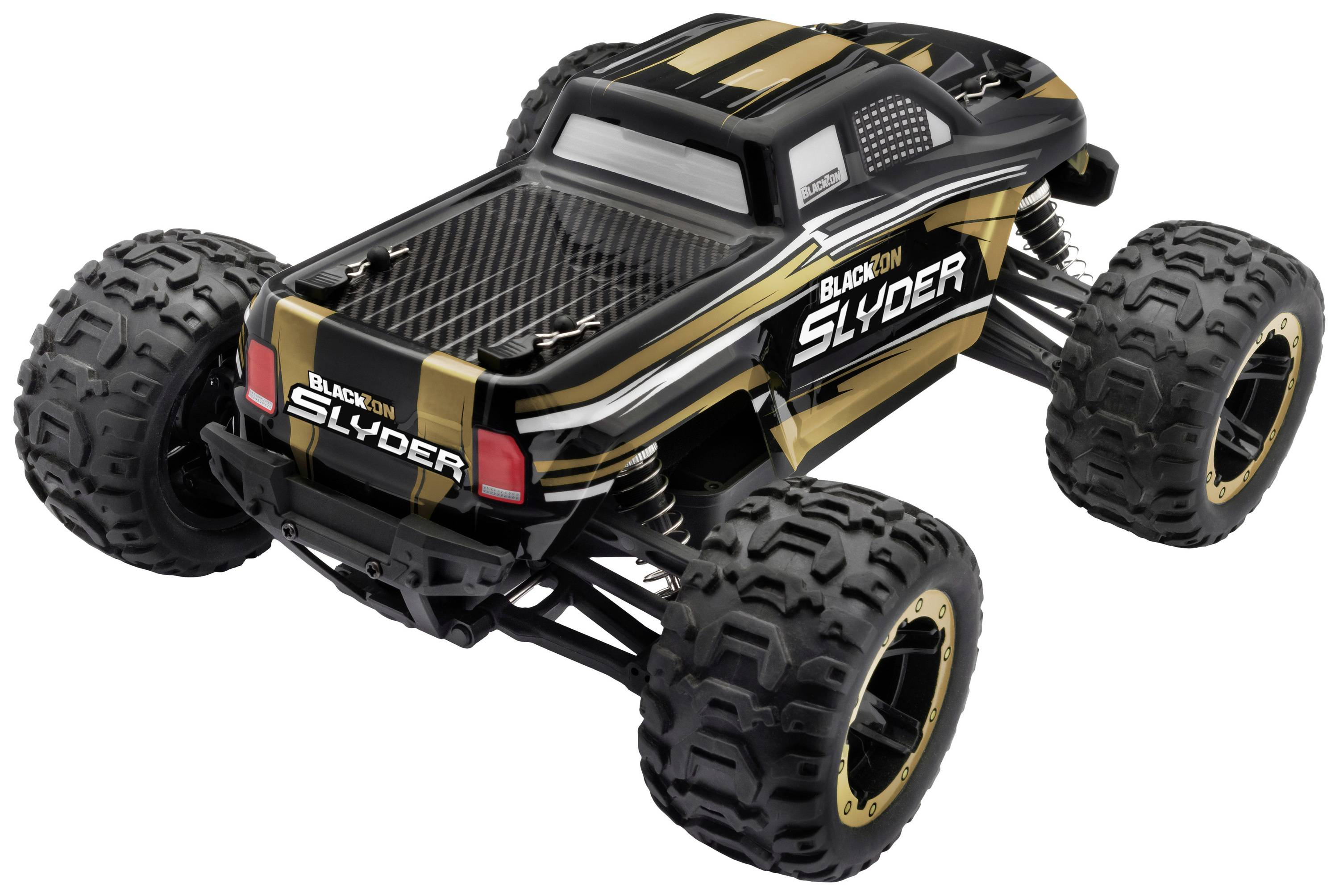 Remote-controlled model car in black and gold with large off-road tyres, labelled 'Blacklion Slyder'.