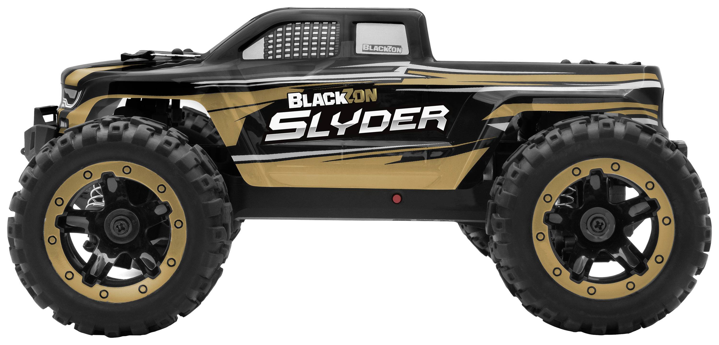 A black remote-controlled car with 'Blackzon Slyder' inscription, large profile tyres and golden accents.