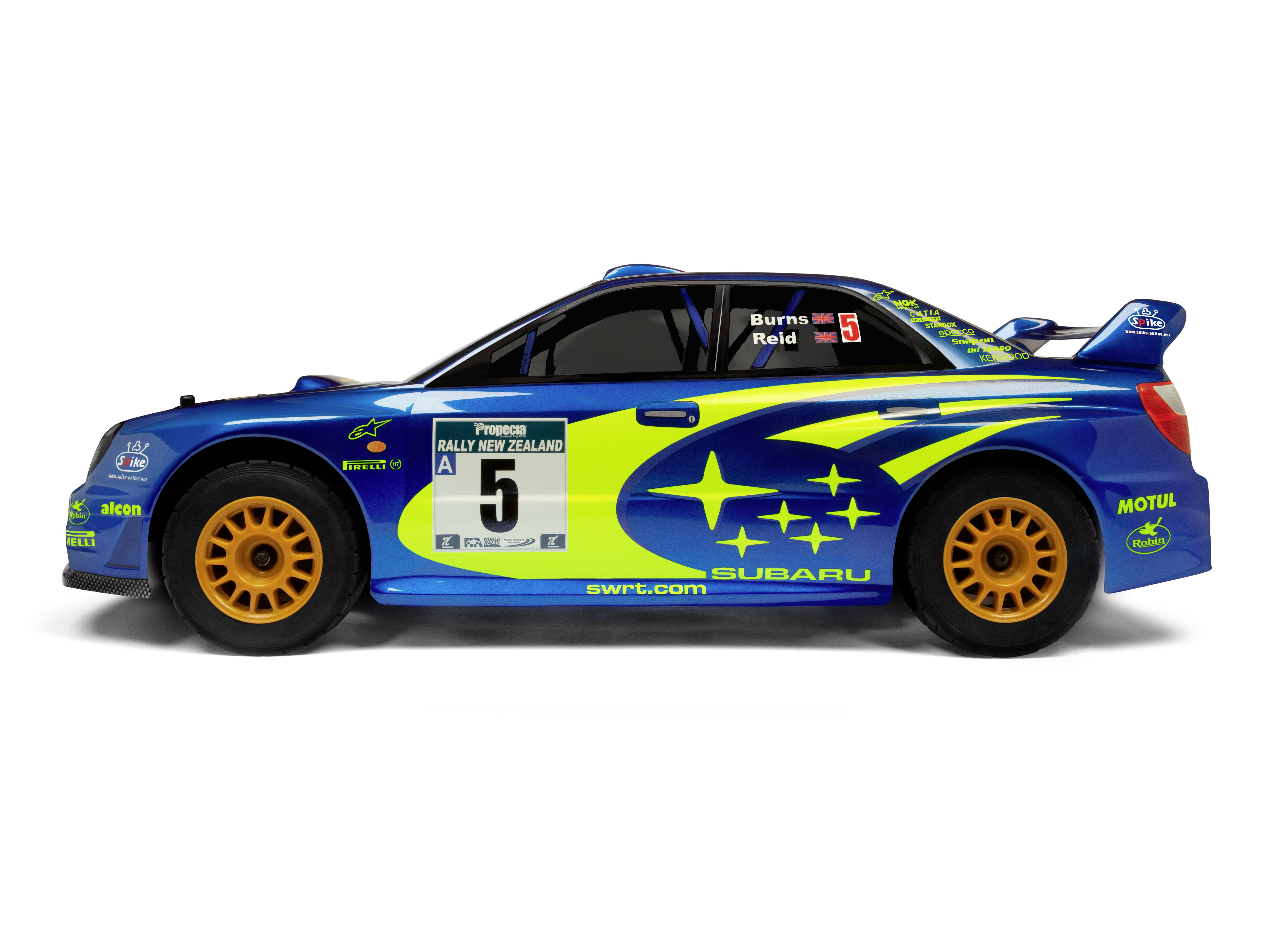 Blue rally car with yellow accents and the number 5 on the door. Several sponsor logos are visible.