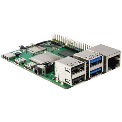 A small green circuit board with numerous ports and connectors, including USB ports and an Ethernet socket.