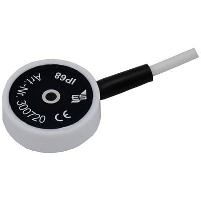 Round magnetic sensor with a black top surface, white markings, and cable connection. Markings indicate IP68 and CE certification.