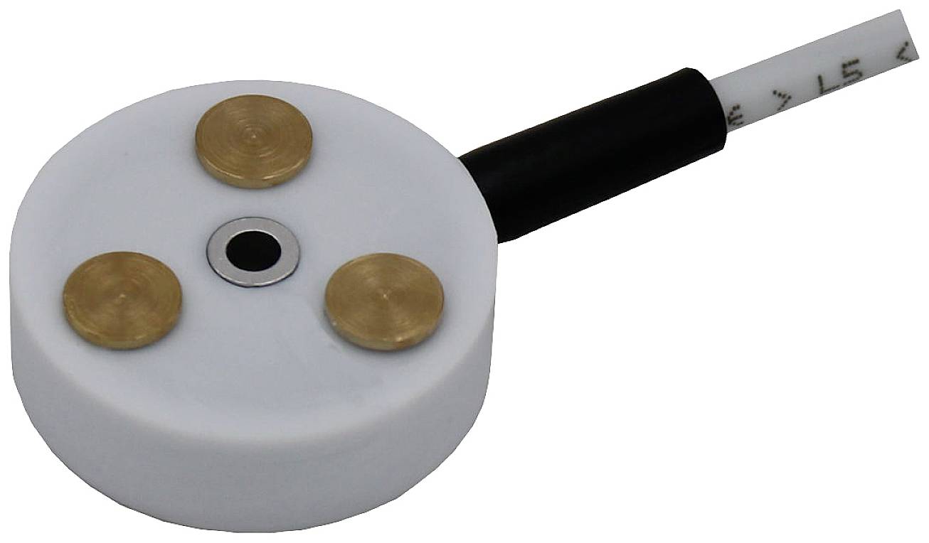 Round, flat temperature sensor with three golden measuring contacts and a black cable for connecting to a device.