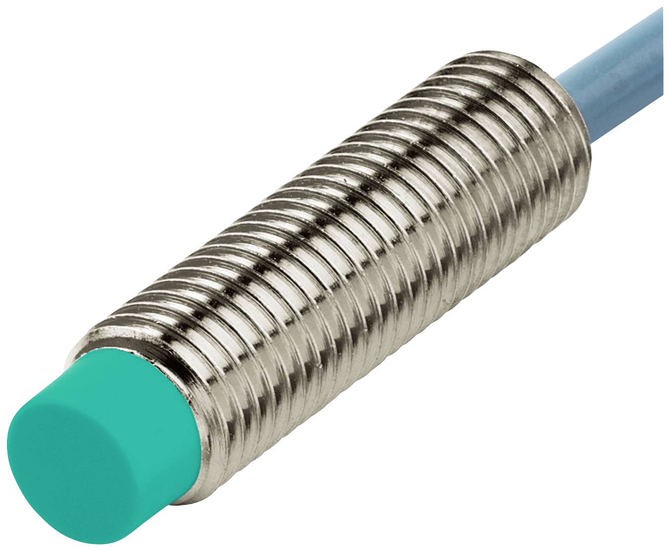 Silver-coloured cylindrical sensor with a blue end and blue cable connection. Suitable for industrial applications.