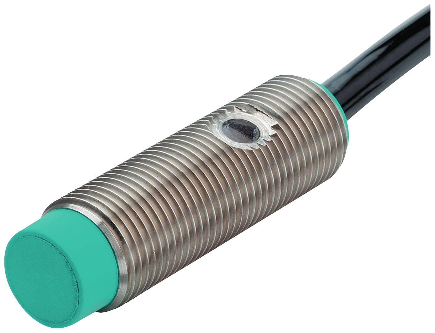 Cylindrical inductive proximity sensor with a green head and metal housing, connected by a black cable.