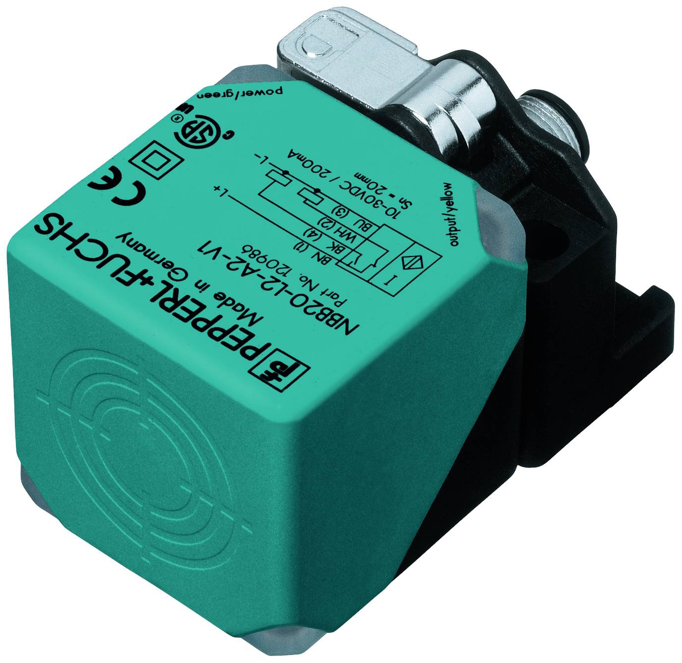 Industrial sensor by Pepperl+Fuchs, Model NBB30-U1-Z3-V1, green-black, with technical labelling on the top surface.