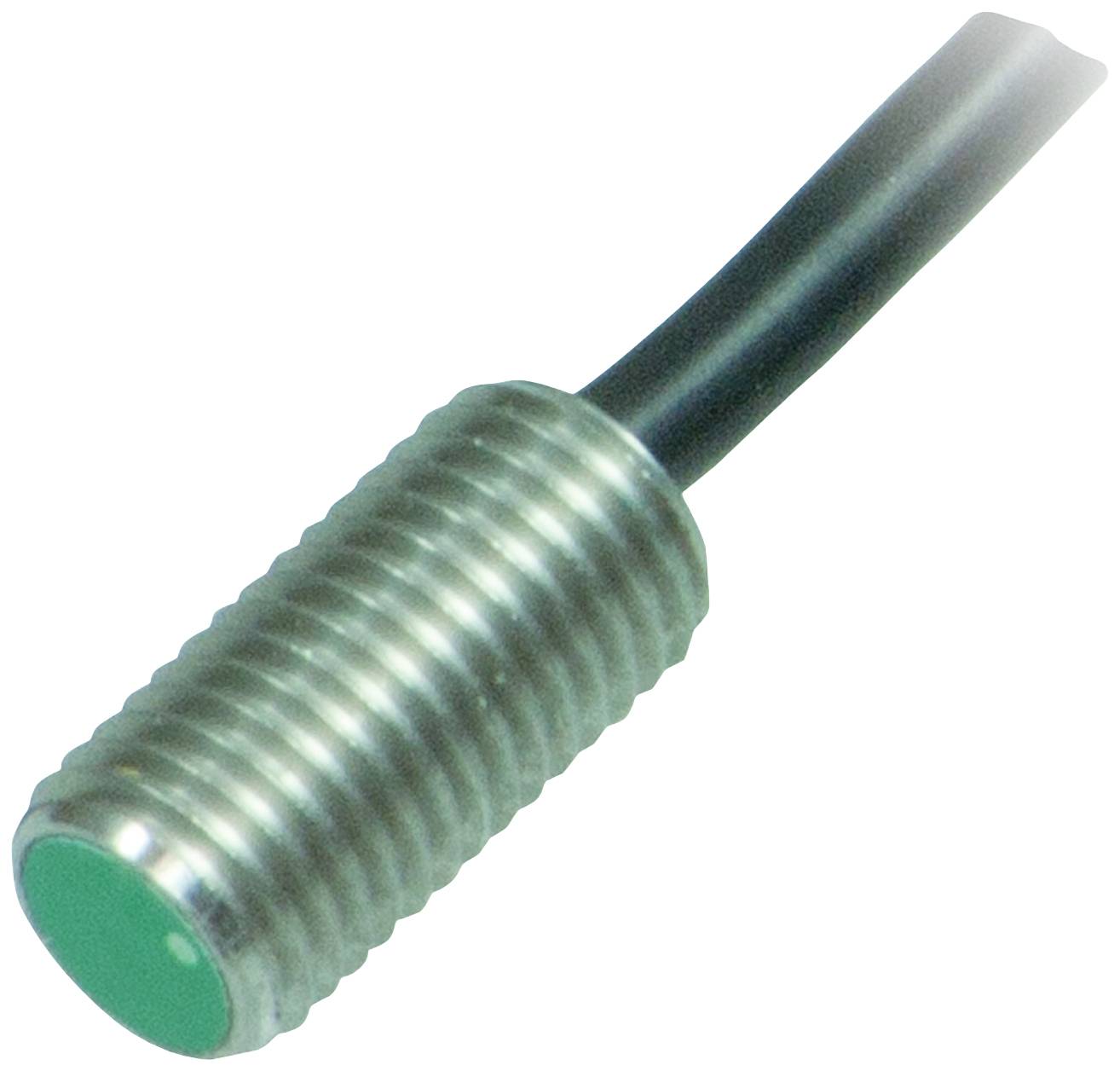 A cylindrical sensor with a cable, metal-coated and with a green end, for detecting objects or signals.
