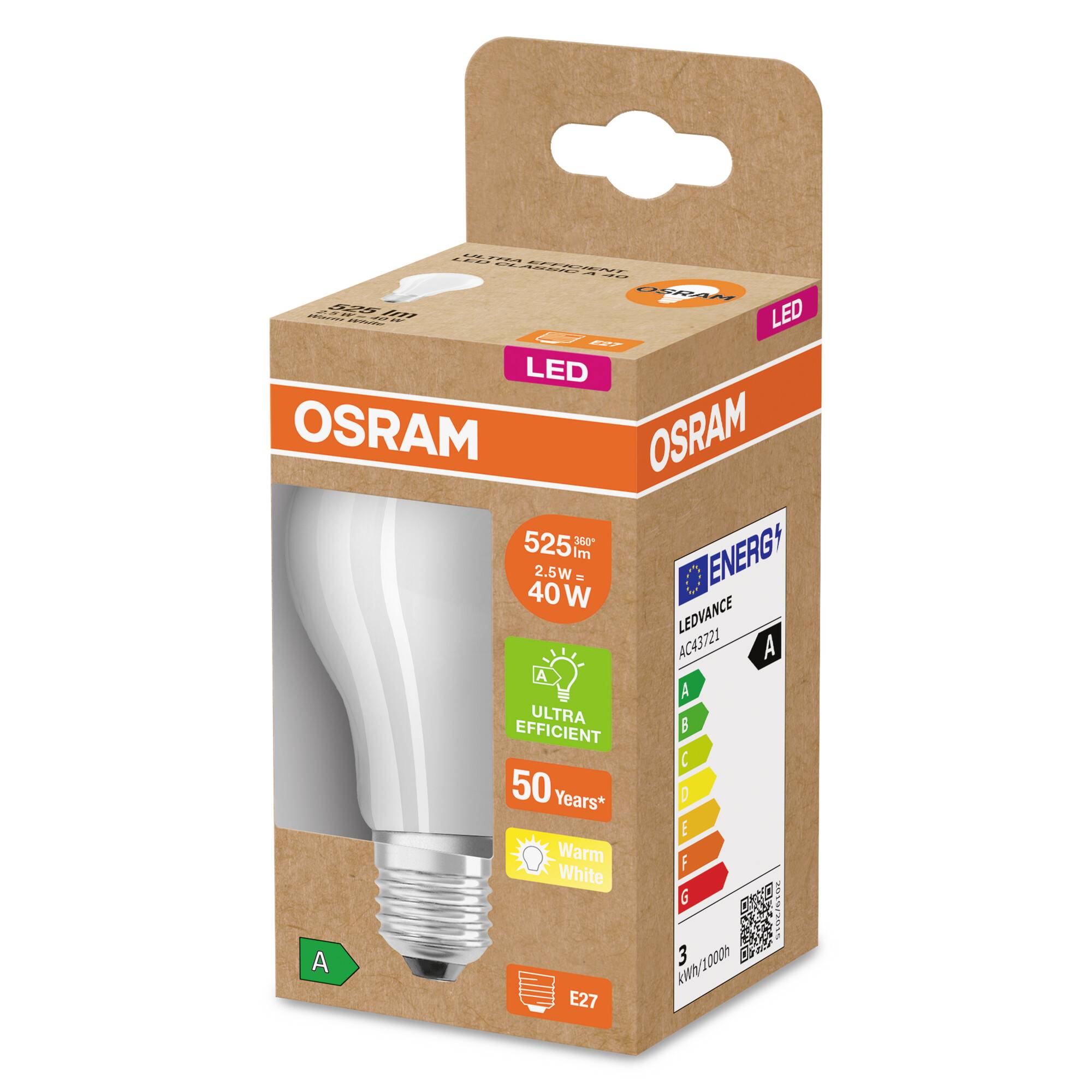 An OSRAM LED light bulb packaging with Energy Efficiency Class A, 525 lumens, 2.5 W (equivalent to 40 W), warm white, with 15,000 hours of lifespan.
