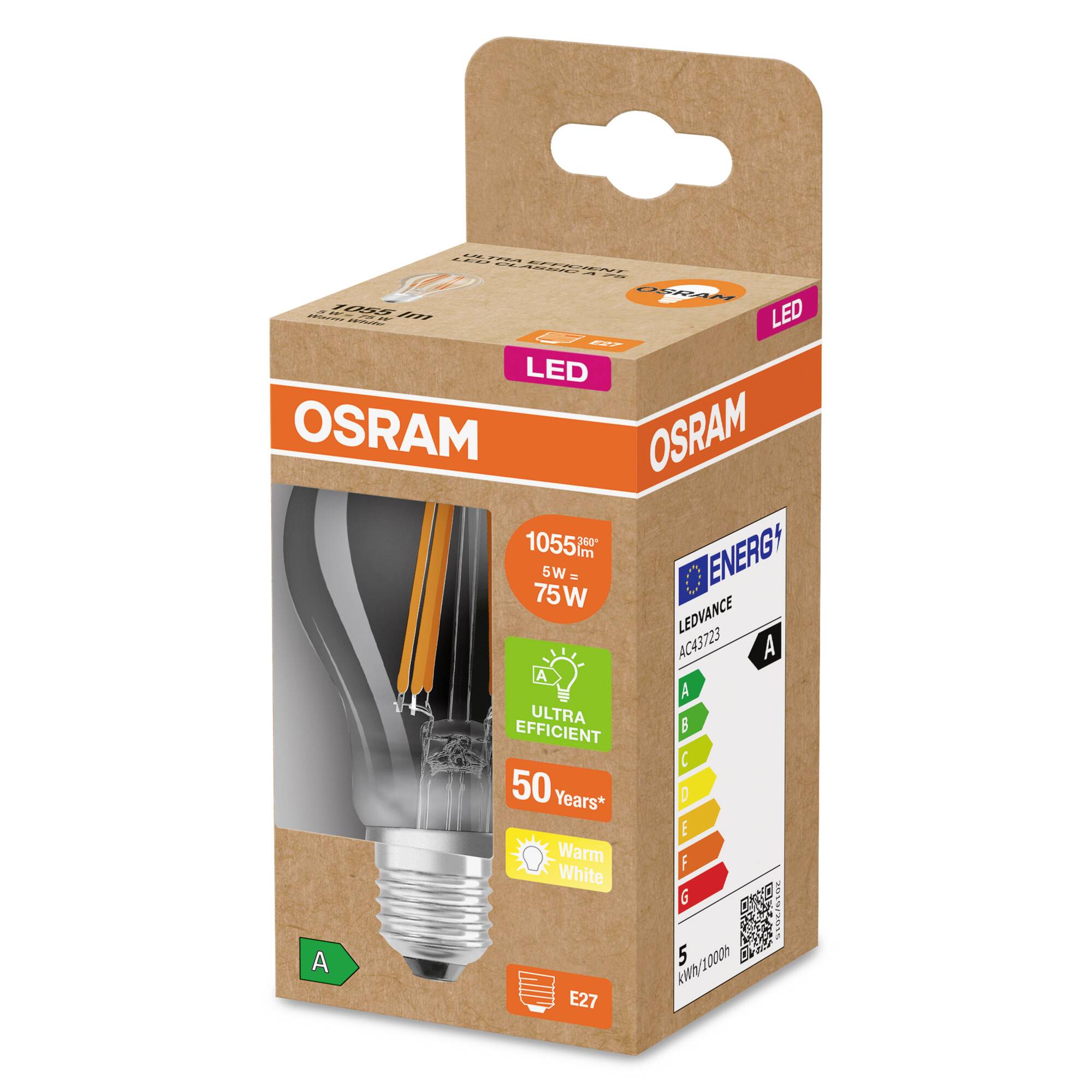 The image shows an OSRAM LED light bulb in its original packaging. Energy class A+, warm white light, 1055 lumens, 5W equivalent to 75W.