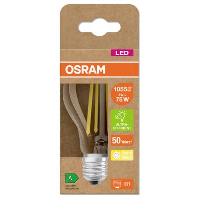 OSRAM LED light bulb package showing a warm white, ultra-efficient E27 bulb, 5 W/75 W equivalent, 1055 lm, 50 years, A rating.