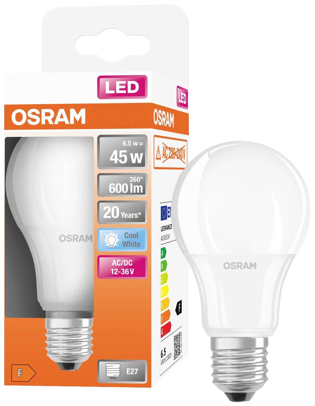 OSRAM LED Light Bulb in Packaging. Details: 6.5 W, equivalent to 45 W, 600 lumens, 360° beam angle, 20-year lifespan, cool white. E27 base.