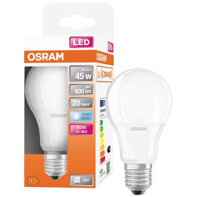 OSRAM LED Light Bulb in Packaging. Details: 6.5 W, equivalent to 45 W, 600 lumens, 360° beam angle, 20-year lifespan, cool white. E27 base.